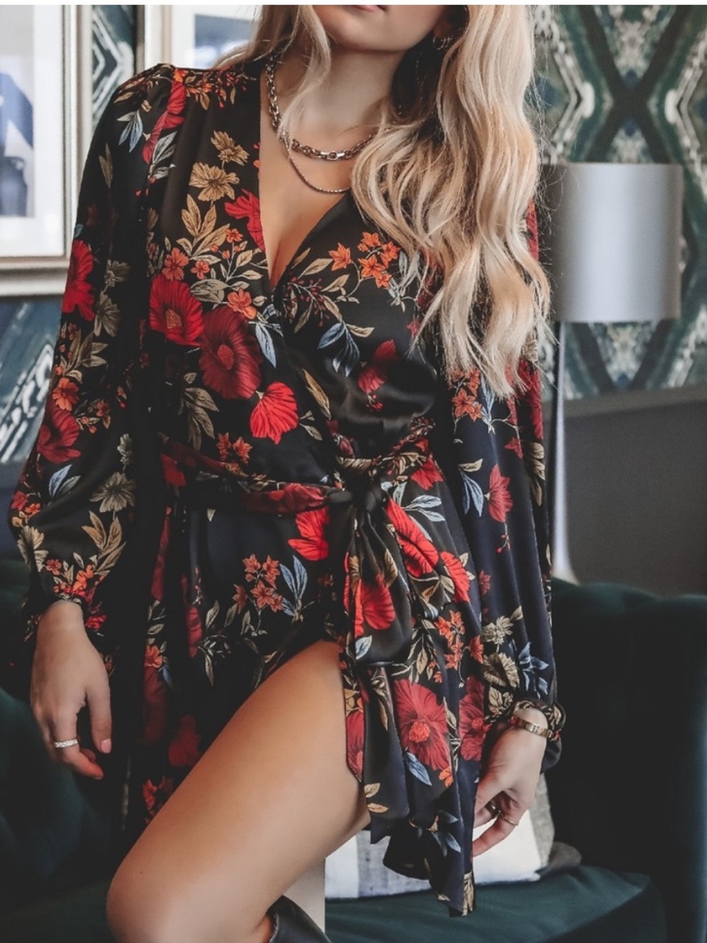 Sweet Lemon Floral Wrap Black Red-Orange Cocktail Party Ruffle Hem Mini Dress S